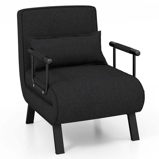 Costway Fauteuil-Lit Convertible Pliant à 6 Positions, Canapé Lounge avec Oreiller, Noir, Chaise Longue à une Place Centrée Orientée vers l'Avant en Tissu de Lin Noir avec Coussin d'Assise Rembourré visible de 5 Pouces, Oreiller Amovible à Fermeture Éclair en Coton PP et Accoudoirs Latéraux; Pattes en Métal avec supports Cachés Pliants sous la base; Dossier Montré à Inclinaison Mi-Haute pour Illustrer un Dossier Réglable à 6 Positions (0°–85°); Convient aux Petits Espaces, Salons, Bureaux Ou Chambres d'Amis et Est Souvent