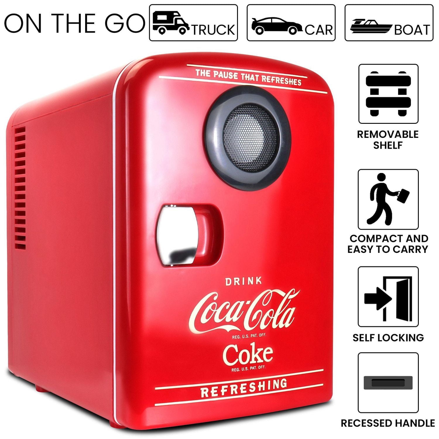 Coca-Cola Mini réfrigérateur portable 6 canettes, haut-parleur Bluetooth, refroidisseur/réchaud 4 L, rouge