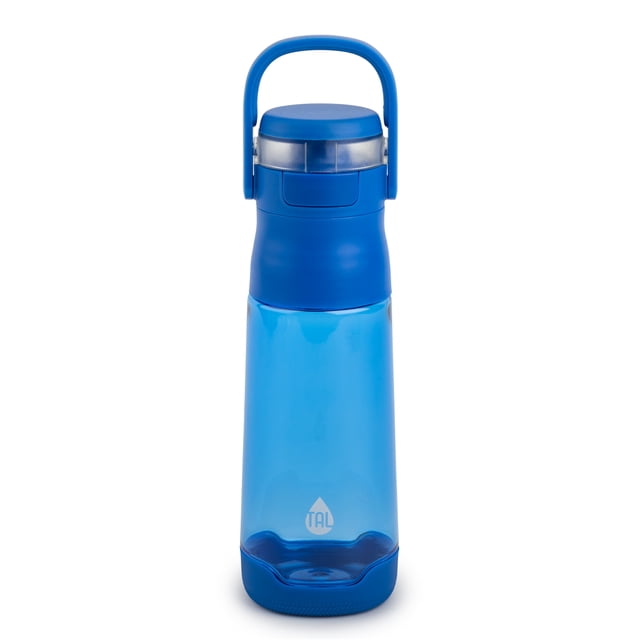 TAL Tritan Jolt Bouteille d'Eau 16 fl oz, Bleu, Bouteille Bleue Translucide Orientée vers l'Avant en Matériau Tritan Incassable, avec Couvercle à Bouton-Poussoir, Poignée Rabattable Verrouillable, base en Caoutchouc Antidérapante et Poignée de Transport, Convient à l'Hydratation en École, sports et Voyage.