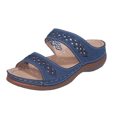 yulier Sandales Compensées pour Femmes Largeur Grand Sandales Orthopédiques pour Femmes Sandales à Deux Brides Sandales à Enfiler avec Soutien de Voûte Plantaire (Bleu)