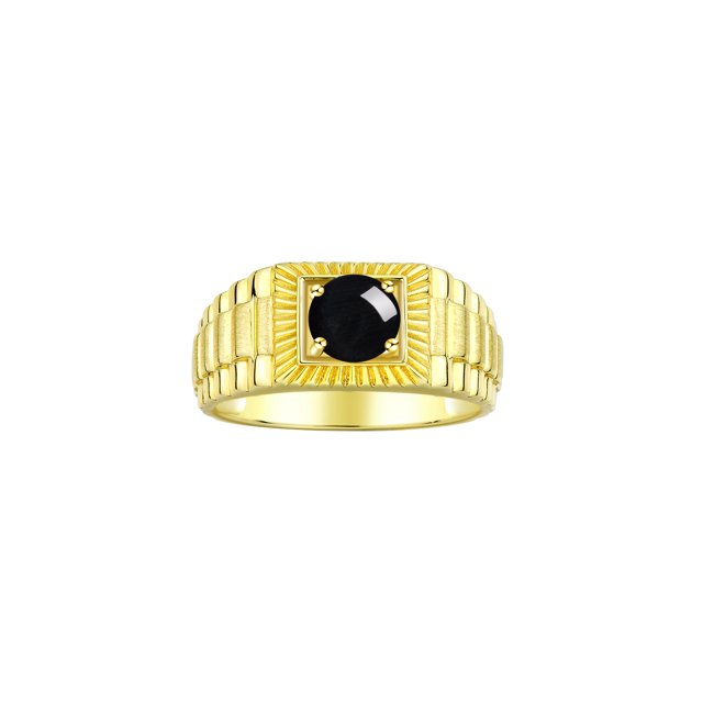 RYLOS Men's Ring Yellow Gold Plated Silver Ring, 7MM Round Shape Gemstone Designer Style Rings Cabochon Onyx October Birthstone Rings Silver Size 9