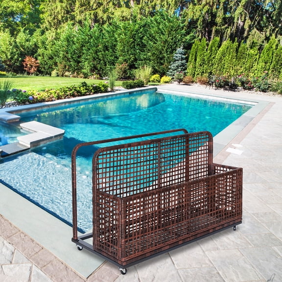 Panier de Rangement au Bord de la Piscine – Grand Panier Extérieur en Rotin PE avec Roues – Organisateur Résistant aux Intempéries – Flotteurs, Jouets et Serviettes – Étagères Latérales Pliables – Patio, Jardin et Plage - Brun Dégradé