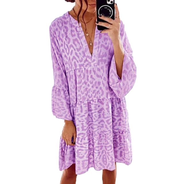 U.Vomade Nouvelle Robe Mini Ample Léopard Femme Décontractée Rose Col en V Manches à Volants Jupe Chemise de Fête Femme Plage Robe Bohème