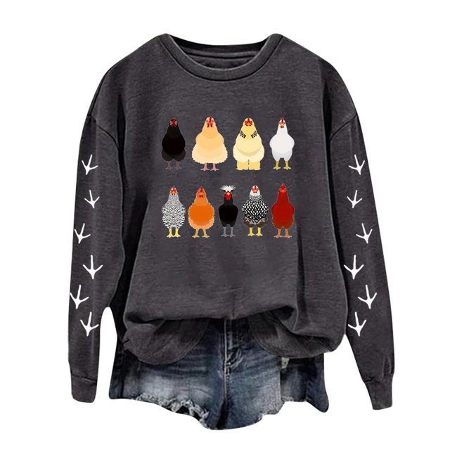 Femmes Blouse Chemise Décontractée à Manches Longues Chandails à Col Rond Vêtements à Manches Longues T Poulet Graphique Imprimé Chandail à Enfiler Boyfriend Surdimensionné Chandail Chandails Haut Blouse