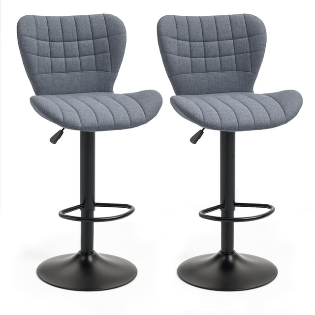 HOMCOM Bar Stools Set of 2 adjustable height swivel bar chairs with mid-back design. Upholstered in grey linen-feel fabric with thick padding for comfort. Each stool features a round black metal base with a footrest for stability and relaxation. Ideal for kitchen counters, dining bars, and adjustable bar seating.