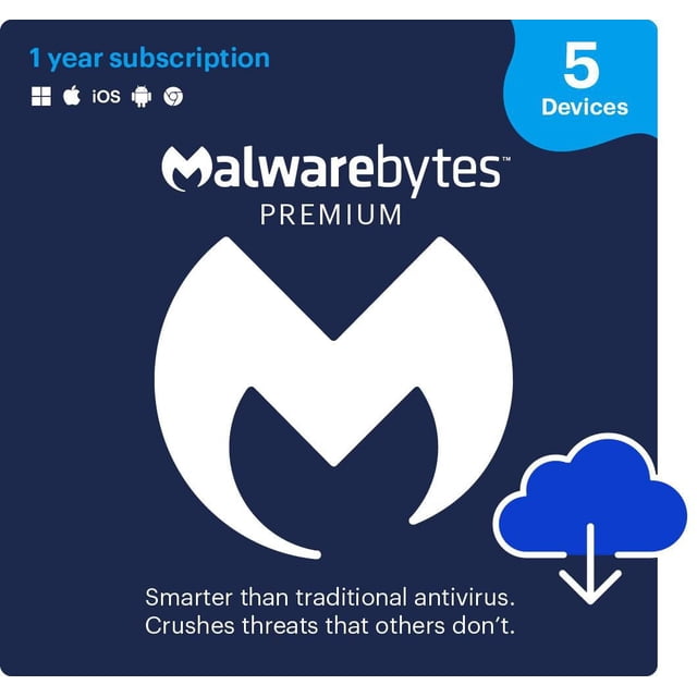 Malwarebytes Premium bilingual 1-year subscription for 5 devices on a dark blue card featuring the white Malwarebytes logo, text stating it is smarter than traditional antivirus and crushes threats others don’t, compatible with Windows, Mac, iOS, Android, and Chrome, with a blue cloud download icon.