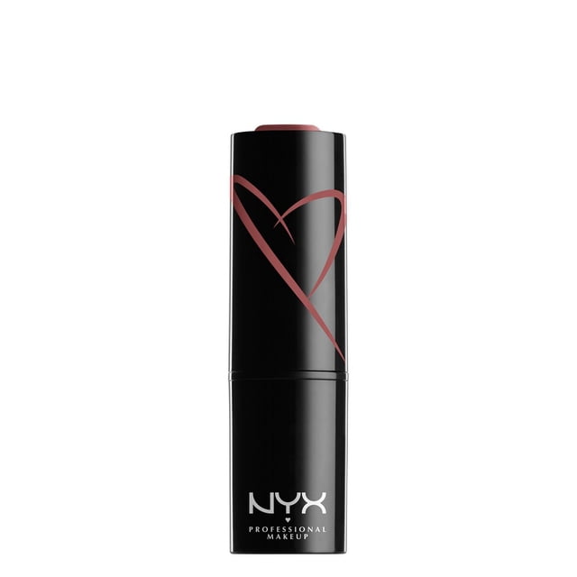 NYX Professional Makeup Shout Loud Satin Lipstick in a black tube with a red heart design and muted rose lipstick bullet, offering vibrant satin lip color with up to four hours hydration from mango and shea butters, ideal for bold, long-lasting lip looks.