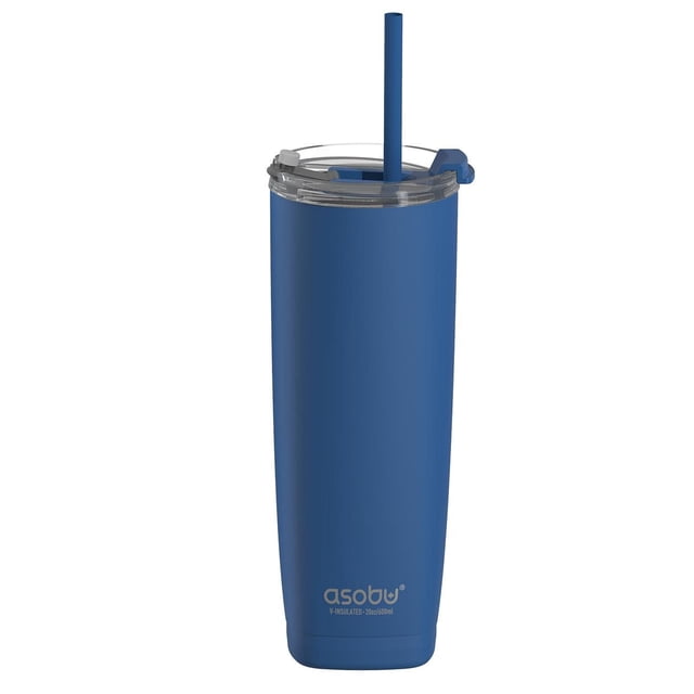 Asobu Aqualina Tumbler 20 oz in blue with a tall, slim cylindrical design, clear dual-function lid with flip closure and blue straw, vacuum insulated stainless steel keeps drinks hot for 12 hours or cold for 24 hours, fits standard vehicle cup holders, often used for both hot and cold beverages.