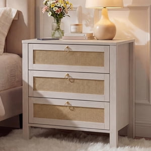 Boho Rattan 3-Drawer Nightstand with Gold Handles, Modern White Bedside Table with Storage for Bedroom Guest Room