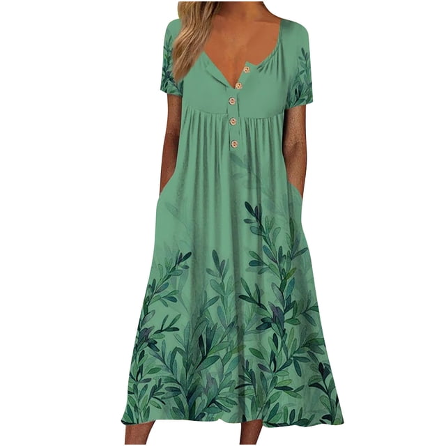 Pisexur Robe T-Shirt d'Été pour Femme avec un Motif floral Décontracté, Col Rond, Manches Courtes et style Ample à Boutons avec Poches. Fabriquée en Tissu polyester Léger, Cette Robe Bohème Présente un Imprimé Feuillage Vert, Idéale pour les occasions Décontractées, les Tenues de Vacances, le Printemps et l'Été.