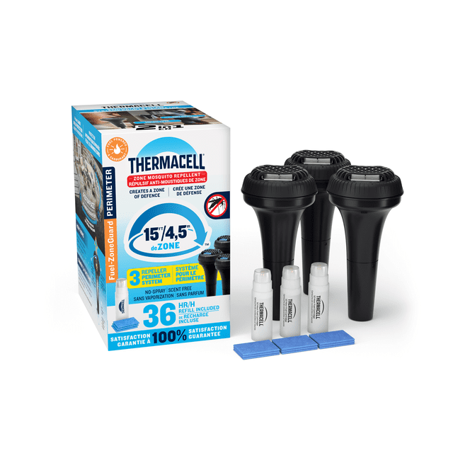Thermacell Système de Périmètre Anti-Moustiques, Lot de 3, Comprenant Trois Chasse-Moustiques Noirs Montés sur Piquet, Trois Cartouches de Carburant Blanches de 12 Heures et Neuf Tapis Anti-Moustiques Bleus à Côté de la Boîte du Produit Affichant une protection de zone de 15 Pi (4,5 m), Sans Parfum, Défense contre les Moustiques Sans Jet pour les Aires Extérieures comme les patios et les Cours Arrière.