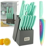 Hecef Dishwasher Safe Knife Block Set, Rainbow Titanium Coated Kitchen Knives Set with Scissors