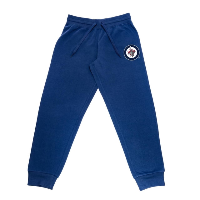 NHL Men's Winnipeg Jets Joggers in navy polyester fleece with elastic waistband and drawstring, featuring the Winnipeg Jets logo graphic on the front left leg and tapered ankle cuffs, ideal for hockey fans during the season or casual wear.