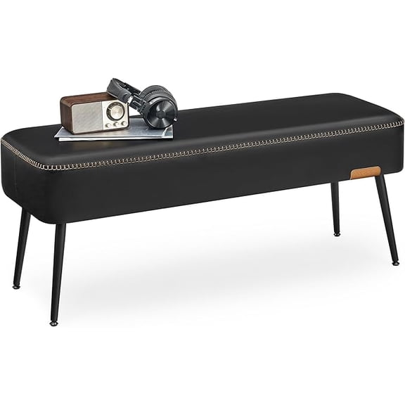 VASAGLE Collection EKHO - Banc pour Entrée Chambre, Cuir Synthétique avec Surpiqûres, Banc Ottoman avec Pattes en Acier, Salon Salle à Manger, Style Mi-Siècle Moderne, Charge 660 lb, Noir Encre