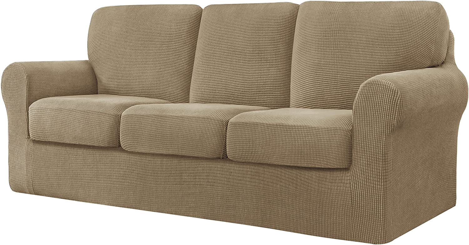 Set of 7 Check Spandex Jacquard Sofa Covers, 3 Seater Sofa Covers (Large, Sand)