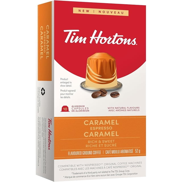 Tim Hortons Caramel Nespresso Compatible capsules 10ct box with an enlarged caramel espresso aluminum capsule and coffee beans on the front, containing rich and sweet flavoured ground coffee made from 100% Arabica beans, compatible with Nespresso Original Line machines.