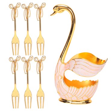 Coffee Spoon Set with Swan Base Holder, Coffee Fruit Dessert Spoons Household Tableware, Spoon Organizer with 6Pcs Ice Cream Spoons Teaspoons[Gold white+Fork]