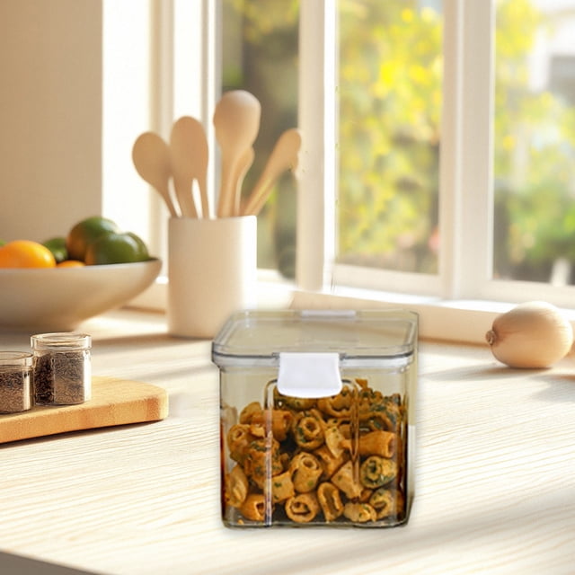 Big Sale! Clear airtight food storage container with lids, made of BPA-free plastic, displayed on a kitchen countertop filled with dry snacks. The transparent design ensures easy visibility of contents, while the snap lid provides leak-proof storage. Perfect for kitchen organization, storing grains, snacks, and pantry items.