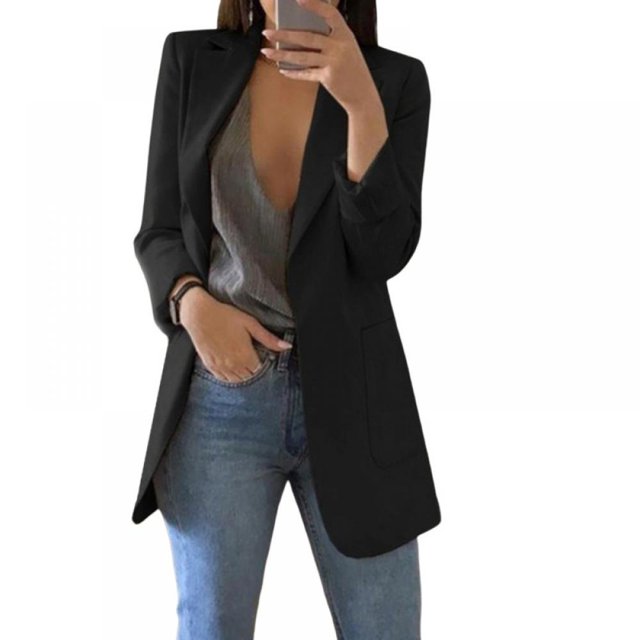 Blazer Ouvert pour Femmes à Manches Longues, Uni, Coupe Ajustée, Travail Bureau, Cardigan Veste S-TTG