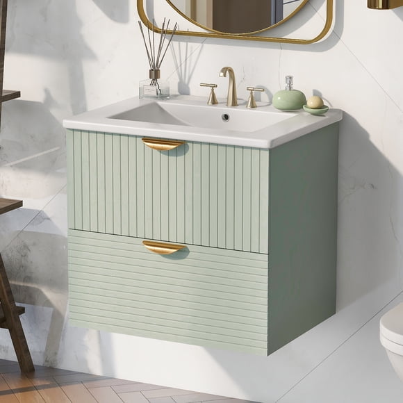 MODERNLUXE 24" Bathroom Vanity with Sink,Wall Mounted Floating Cabinet with 2 Drawers for Small Bathroom,Green
