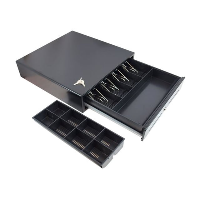 ANGEL POS 16" Automatic 16-Inch Automatic POS Cash Drawer Cash Register with adjustable 4-bill slots featuring metal wire grippers and a removable 8-coin tray. Pre-wired with a standard RJ11/RJ12 connector, compatible with receipt printers like Epson, Star, Citizen, and Samsung. Includes a bell alert for drawer opening, which can be deactivated, and a 3-position lock for manual, electric, or locked operation. Dimensions are 16.1 W x 16.5 D x 3.9 H inches (410 W x 420 D x 100 H mm), excluding feet height. Shown in a sleek black finish with the coin tray removed and placed beside the drawer.