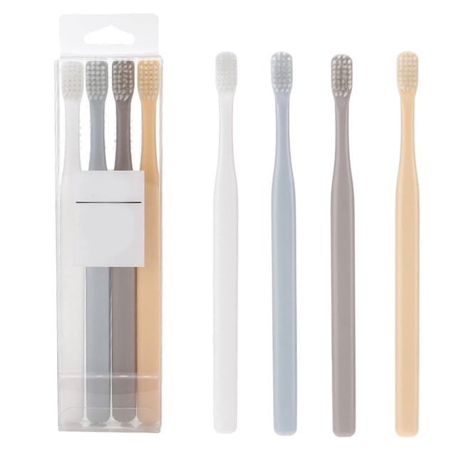 Birdeem Adult Small Head Soft Bristle Toothbrush 4Pcs Family Pack with four manual toothbrushes in multicolour designs, including white, grey, blue, and beige. Made from PET food-grade material, safe for high and low temperatures, and ideal for daily oral care at home, hotels, or homestays.