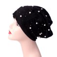 thumbnail image 1 of Women Beading Pearl Inlay Hat Ruffle Cancer Chemo Beanie Scarf Turban Wrap Cap, 1 of 9