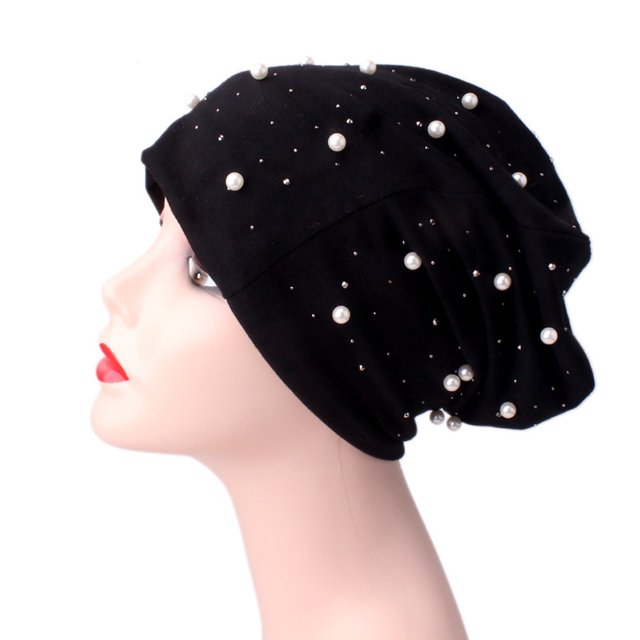 Women Beading Pearl Inlay Hat Ruffle Cancer Chemo Beanie Scarf Turban Wrap Cap