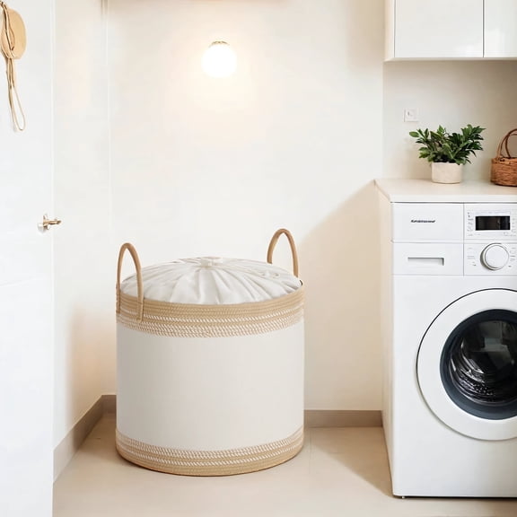 LEDREM 90L Laundry Hamper with Drawstring Lid & Handles, Sturdy Poly-Cotton Blend, Breathable Storage Basket for Clothes, Blankets, Bedroom, Living Room， Camel Brown
