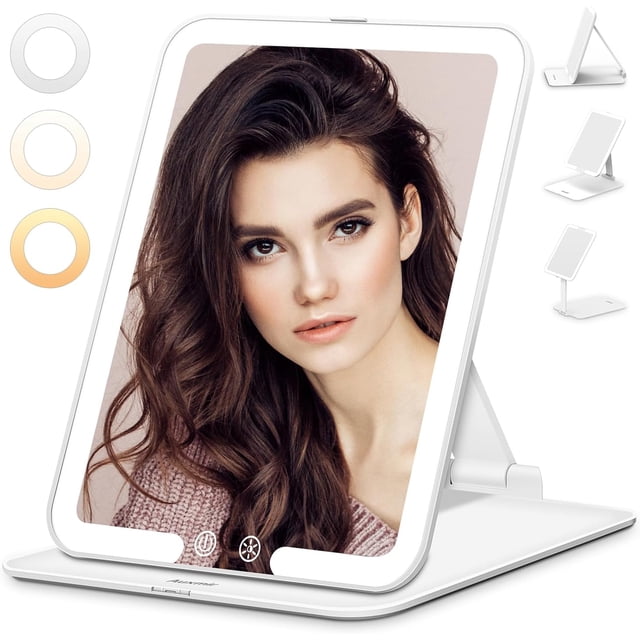 Miroir de Maquillage de Voyage Rechargeable, Miroir de Maquillage de Voyage Portable Éclairé avec Modes de Couleur, à Intensité Réglable, Miroir Compact de Table à DEL pour Coiffeuse avec Écran Tactile