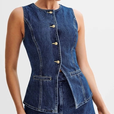 EGNMCR Women's Casual Denim Vest, Sleeveless Frayed Ripped Long Denim, Jean Jacket Women's Fashionable Casual Solid Color Distressed Sleeveless And Hooded Denim Jacket/jacket Women denim jacket