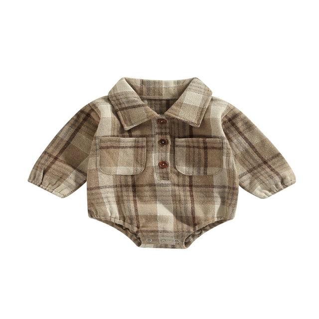 Baby Boy Romper Buttons Lapel Long Sleeve Vintage Plaid Pattern Jumpsuit with Pockets