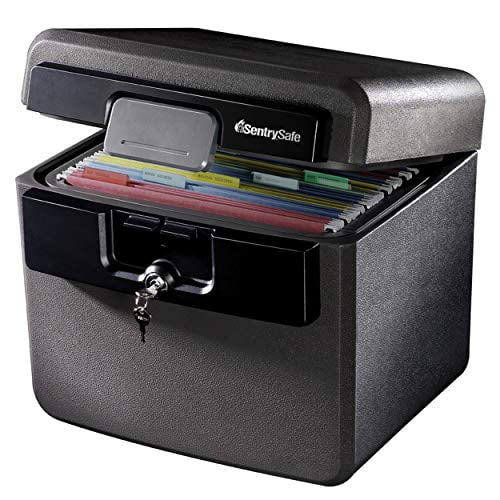 Sentry Safe Safe Box, Fireproof Waterproof, File Folder and Document Safe, Ex. 14.3 x 15.5 x 13.5, Black. A black fireproof and waterproof safe box designed for document protection and office security, featuring a hinged lid, lockable key mechanism, and organized file folders inside.