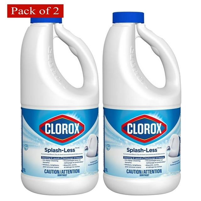 Clorox Splash Less Javel à Lessive Original 1,18 L (Lot de 2) Bouteilles avec une Formule Épaisse et Concentrée pour un Versement Contrôlé et des Éclaboussures Réduites. les Bouteilles Présentent une Conception Facile à Manipuler et Conviennent pour Enlever les Taches, Blanchiment des Vêtements et Désodorisation. Fonctionne dans les machines à Laver standard et Haute Efficacité. l'Image Montre Deux Bouteilles Blanches avec des Capuchons Bleus et le logo Clorox sur l'Étiquette.