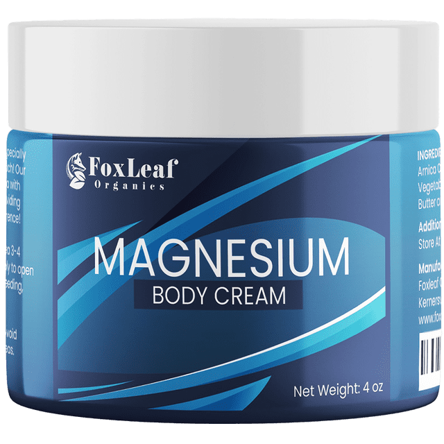 Foxleaf Organics Magnesium Cream for Pain, Sleep, Restless Legs, Muscle Soreness, and Cramps in a 4oz container. Infused with magnesium from Dead Sea Salts and lavender essential oil, this hypoallergenic formula promotes relaxation, better sleep, and muscle recovery.