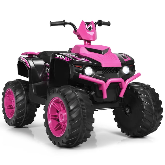 Costway 12V Kids 4-Wheeler ATV Quad Ride On Car in pink, featuring LED headlights, music, USB connectivity, and Bluetooth. Designed for children aged 3-7 years, it has wear-resistant wheels for all-terrain use, a high/low speed switch, and forward/reverse functionality. The durable PP and iron frame supports up to 77 lbs and offers a comfortable seat for extended play.