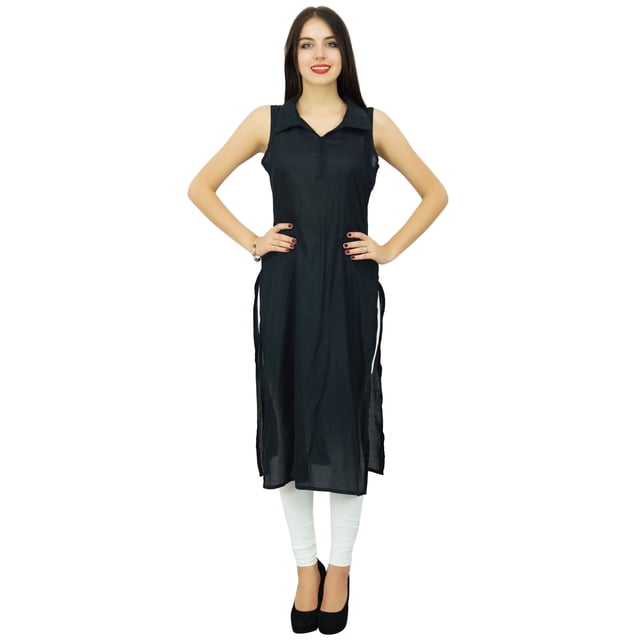 Bimba Femme Tunique Longue Décontractée Col à Revers Kurta Noire Kurti Noire Unie