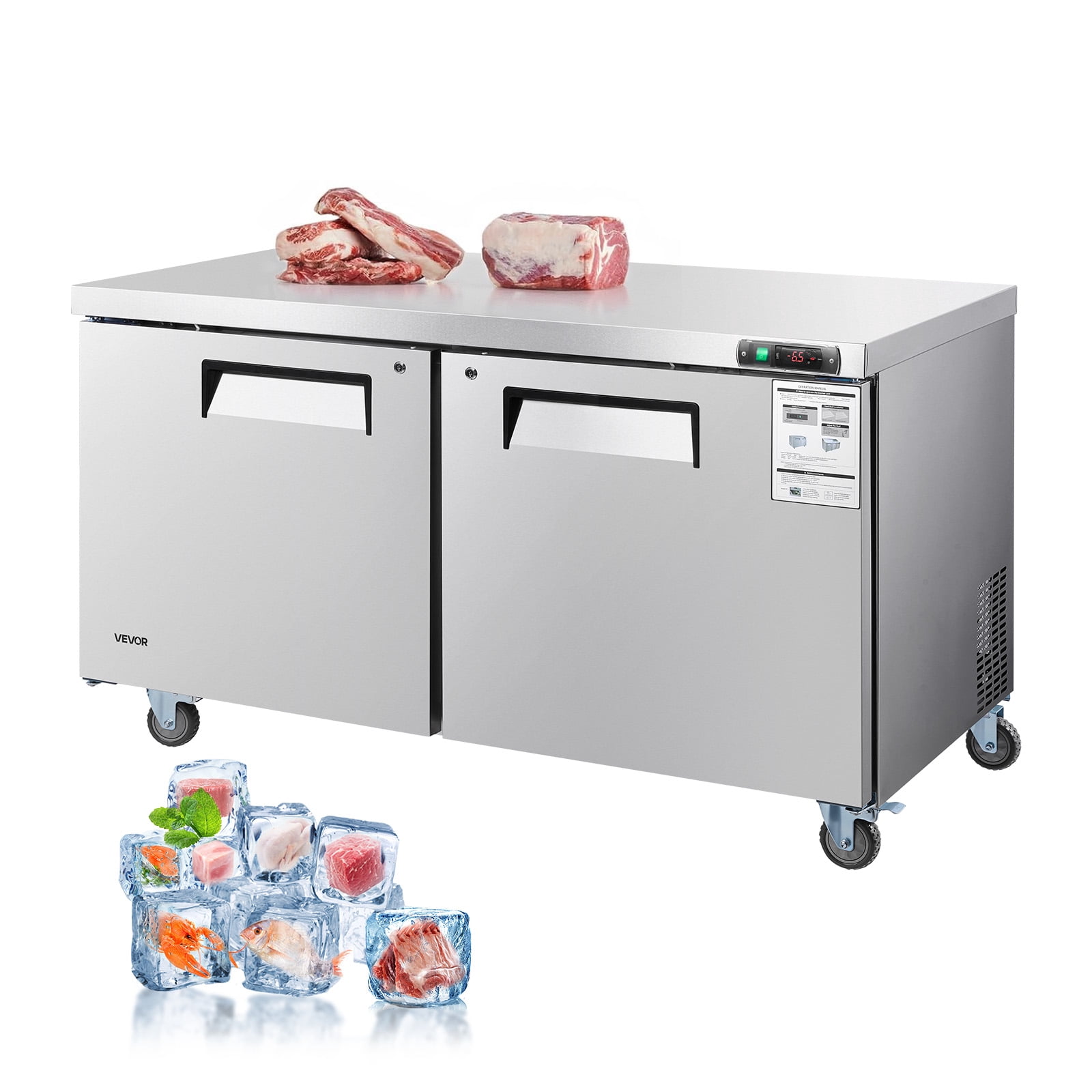 VEVOR Commercial Freezer Prepration Worktable Stainless Steel 60 inch Double Door