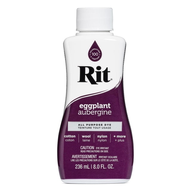 Rit All Purpose Liquid Dye in eggplant aubergine color, 236 ml (8 fl. oz.) plastic bottle with white screw cap, suitable for dyeing cotton, wool, nylon, and blended fabrics, featuring bilingual English and French label text.