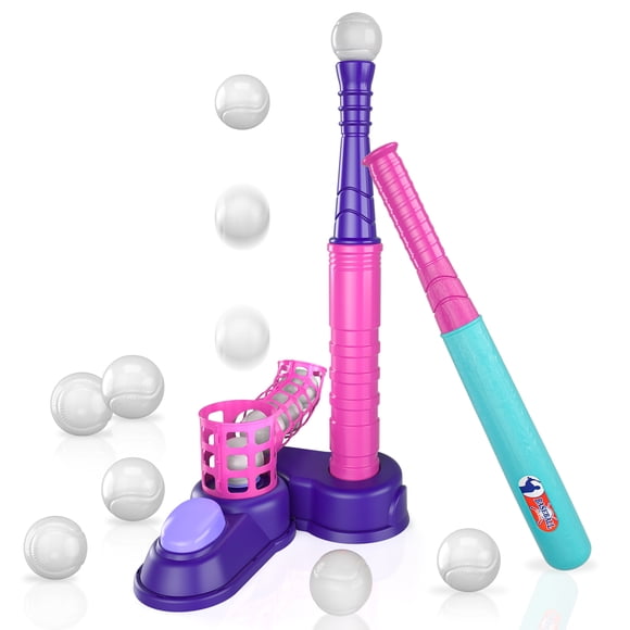 Ensemble de Jouets T-Ball pour Enfants Garçons 3-5 5-8, Violet et Rose, Jouets T-Ball de Baseball pour Enfants Comprenant 10 Balles, Lance-Ball Automatique, Ensemble de T-Ball Extérieur Jouets de Sport Cadeaux d'Anniversaire pour Garçons et Enfants de 3 4 5 6 Ans