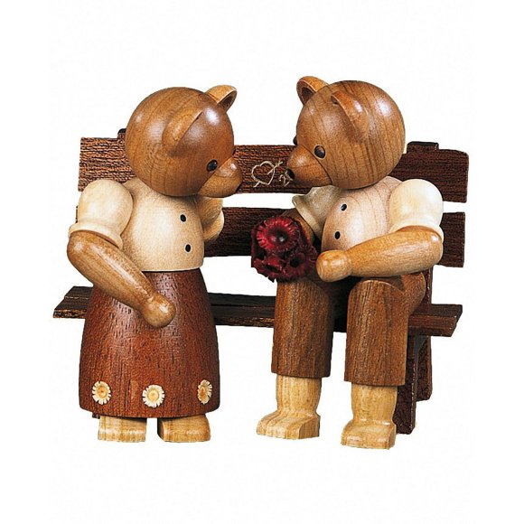 Bears , couple, sur Banc de Jardin, Hauteur 8 cm / 3 Pouces, Erzgebirge original par Muller Seiffen
