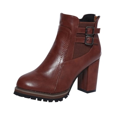 jovati Bottines à Talon Haut pour Femmes d'Hiver Vintage à Talon Épais avec Boucle de Ceinture, Fermeture Éclair Latérale, Tige Basse