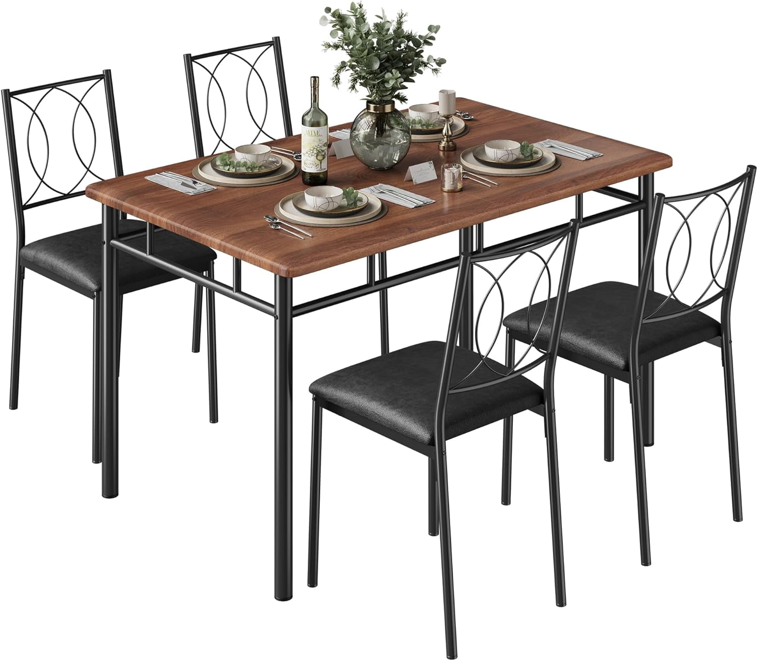 YUSAZENS 5 Piece Dining Set, Metal Frame Table & 4 Chairs, Compact Dinette Set for Kitchen Dining Room Small Apartment Walnut