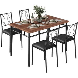 YUSAZENS 5 Piece Dining Set, Metal Frame Table & 4 Chairs, Compact Dinette Set for Kitchen Dining Room Small Apartment Walnut