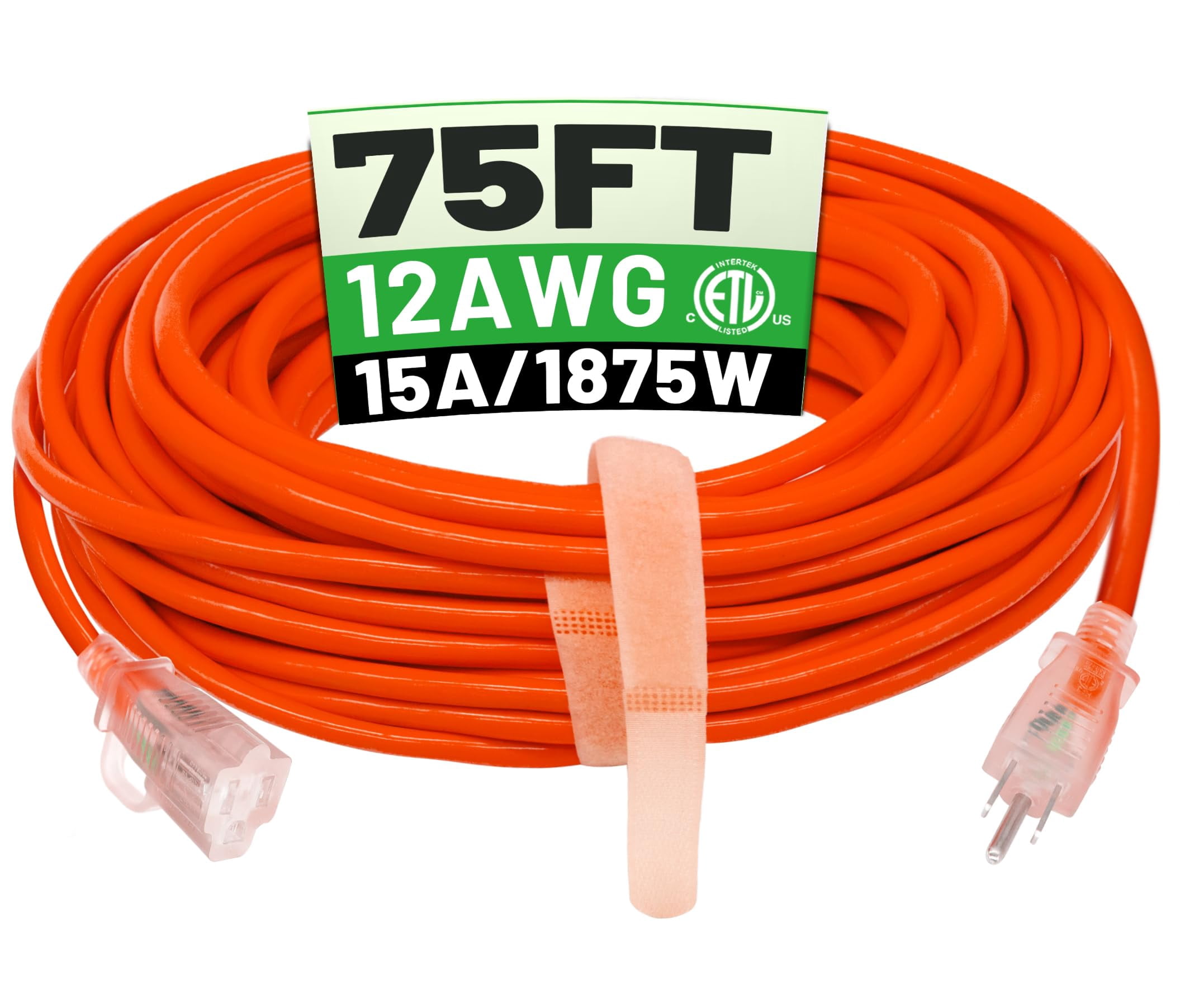 POWGRN 75 ft 12/3 Outdoor Extension Cord Waterproof Heavy Duty with Lighted Indicator End 12 Gauge 3 Prong, Flexible Cold-Resistant Long Power Cord O