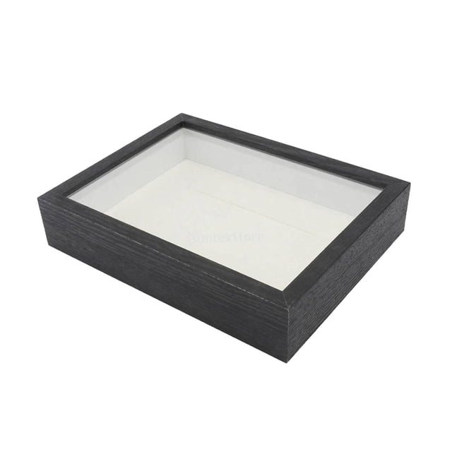 Lipstore DIY Shadow Box Frame with 3cm depth, featuring a black wooden frame and clear glass display. Perfect for decorative crafts, dried flowers, photos, awards, or certificates. Dimensions: 14.3cm x 19.4cm outer size, 12.7cm x 17.8cm inner size. Suitable for wall hanging or tabletop display.