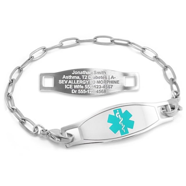 MedicEngraved Bracelet d'Alerte Médicale Personnalisé en Acier Inoxydable - Maillon Trombone 4 mm