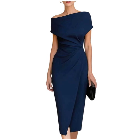 CHUMUD Summer Dresses for Women Off-Shoulder Ruched Bodycon Midi Dress, Elegant Formal Cocktail Wedding Guest Dress