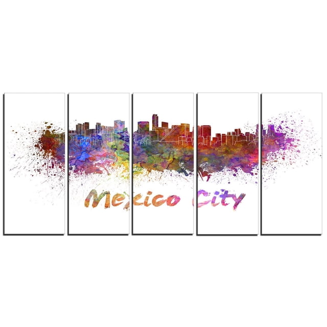 Design Art Mexico City Skyline Canvas Print featuring five gallery wrapped panels with vibrant watercolor splashes in purple, red, and green behind white line art of Mexico City's skyline and multicolored 'Mexico City' text, printed on high-quality cotton canvas and ready to hang with included hardware, suitable for enhancing home or office wall décor.
