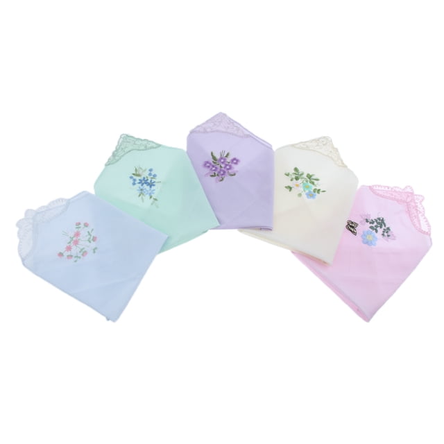 Ladies Cotton Embroidery Handkerchief Set of 5 featuring multicoloured designs with delicate floral embroidery and butterfly lace edges. Each handkerchief measures approximately 28 x 28 cm (11.02 x 11.02 inches) and is crafted from soft cotton. The set includes five assorted colours, ideal for everyday use or special occasions like weddings, bridal showers, or Mother's Day gifts.
